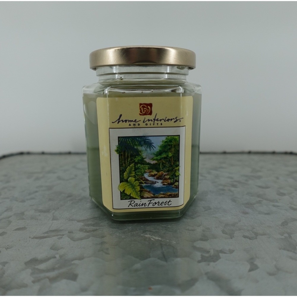 Home Interiors and Gifts Rain‎ Forest Scented Candle 7.5 oz Hexagon Glass Jar